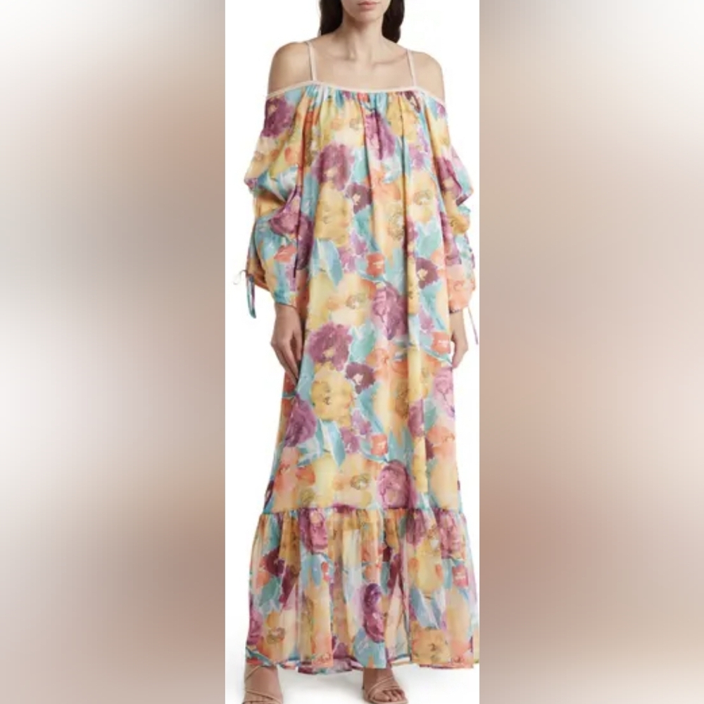 Nordstrom Rack Love X Design Watercolor Floral XS Mira‎ Cold Shoulder Maxi Dress